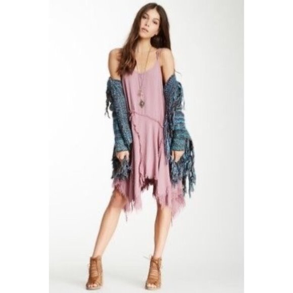 Free People Mauve Pink Frayed Hem Asymmetrical Spaghetti Strap Boho Slip Dress - Picture 14 of 16